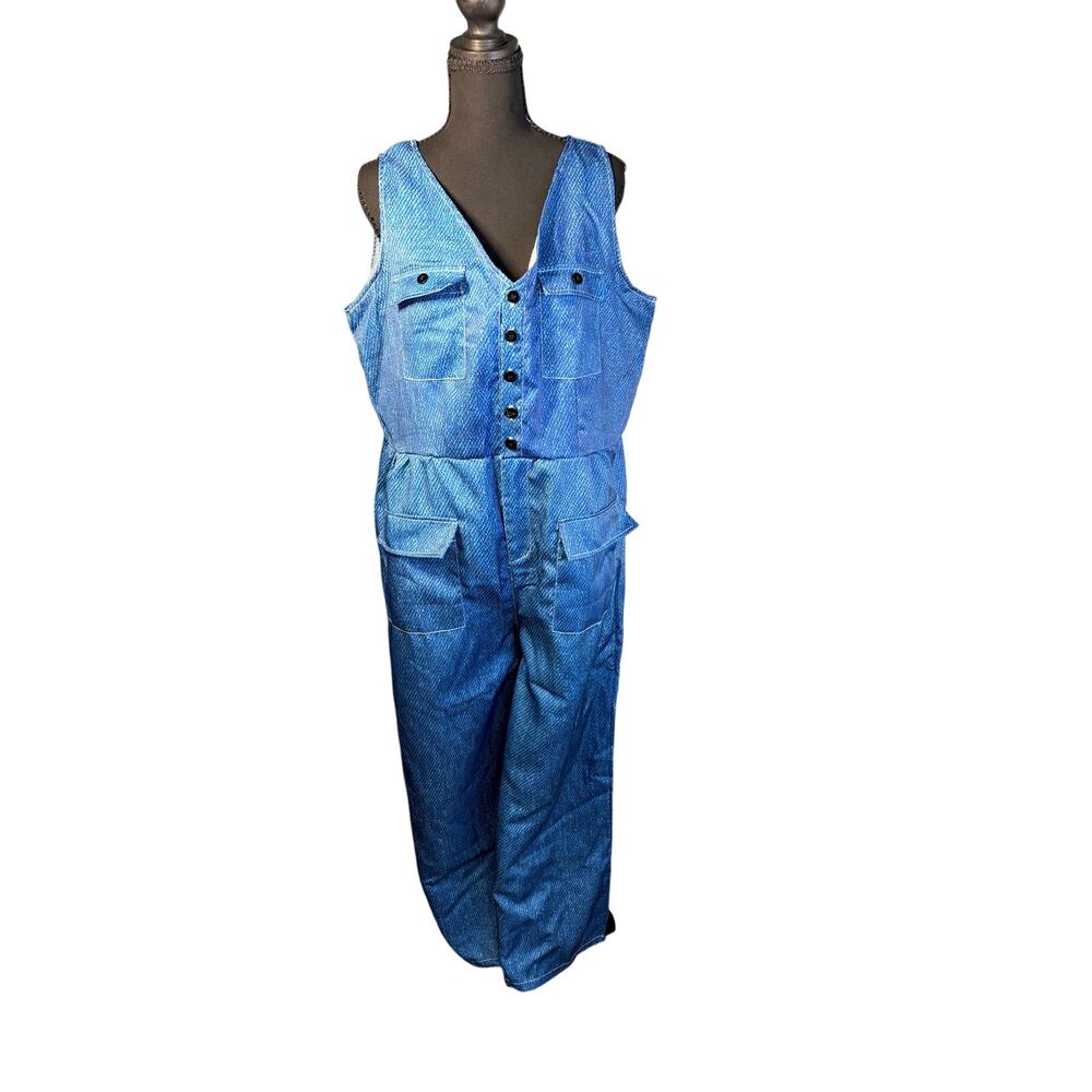 Women’s XXL Printed Faux Denim Jumpsuit Wide Leg